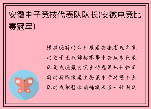 安徽电子竞技代表队队长(安徽电竞比赛冠军)